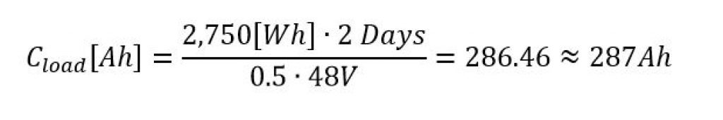 Our scenario's values applied to a battery sizing equation.