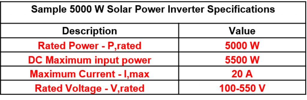 Manufacturer Specifications for a 5kW solar power inverter