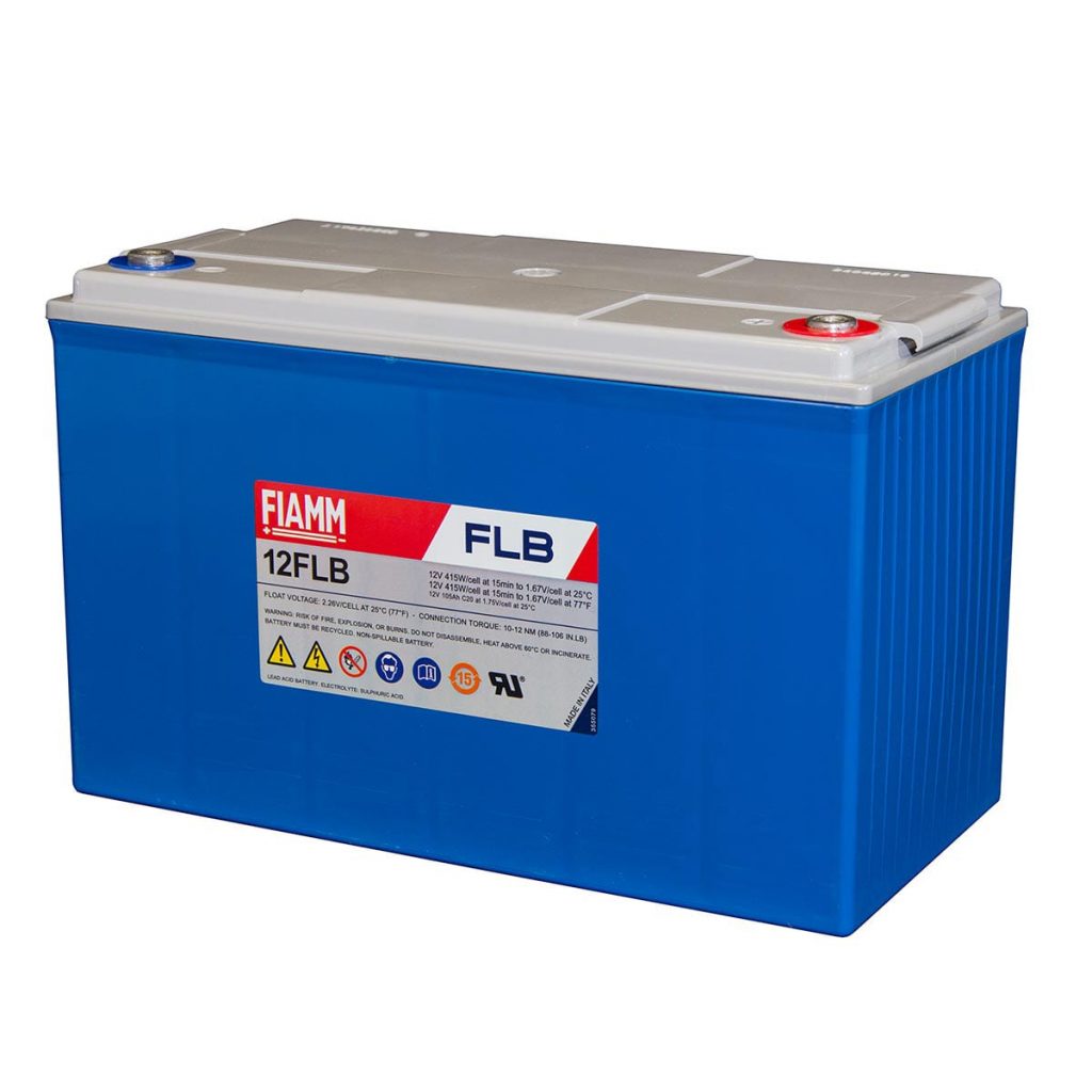 Fiamm-12FLB200P : 12V 55Ah AGM Lead Acid Battery used for solar energy storage.