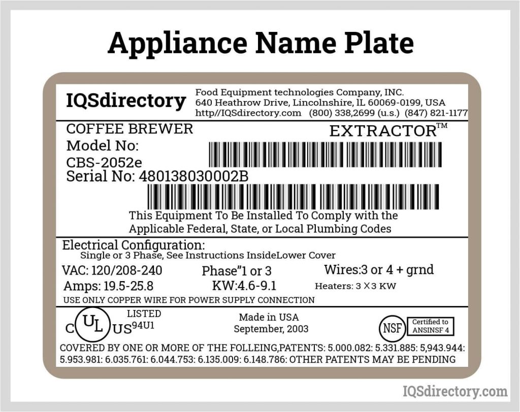 A sample nameplate found in home appliances. 