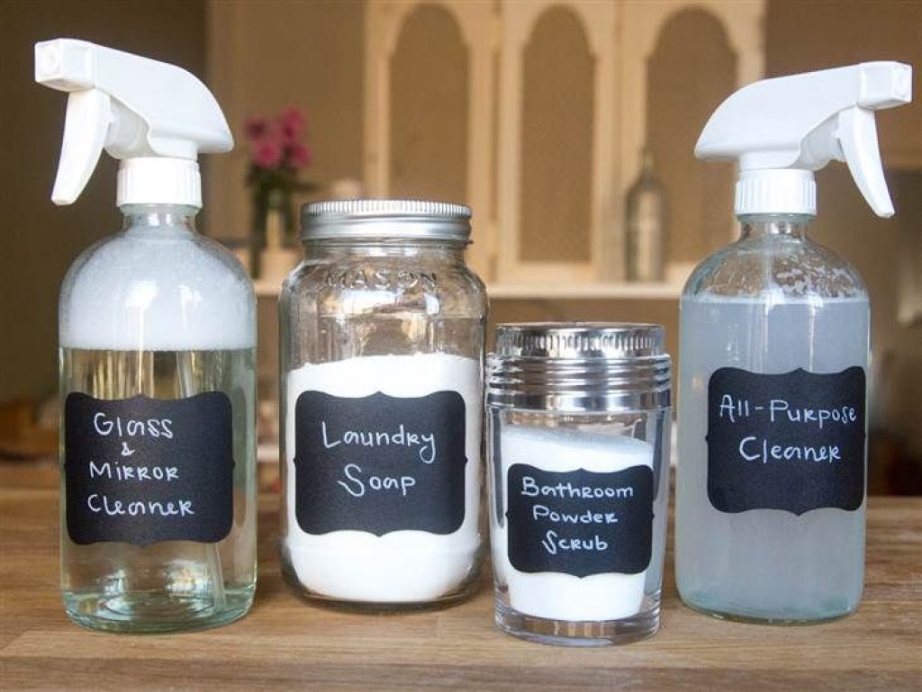 A collection of eco-friendly household cleaning products.