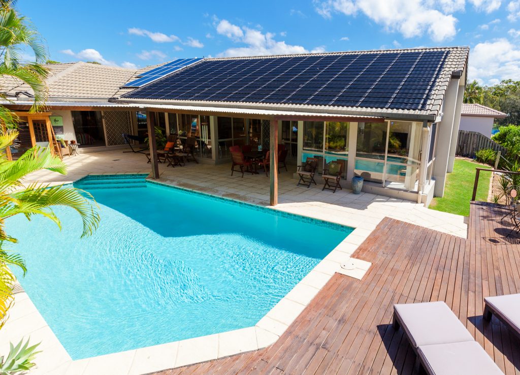 A solar collector array used for heating a pool.
