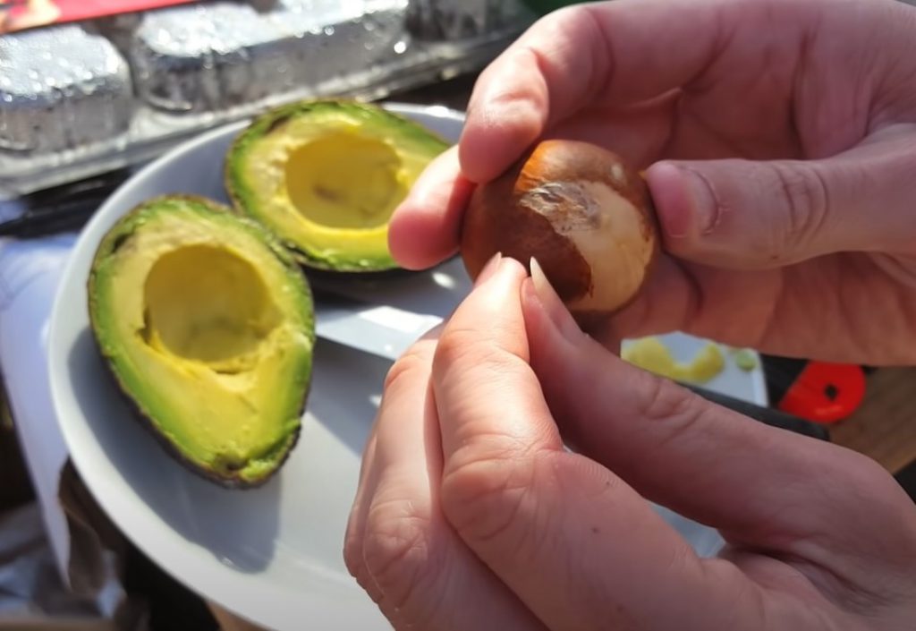 Peeling off the flesh of an avocado seed.