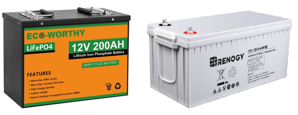 A 12V 200Ah LiFePO4 battery and a 12V 200Ah AGM battery — battery size chart.