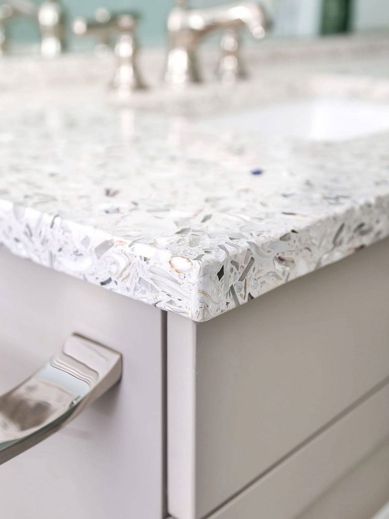 Recycled glass countertops make for a stunning feature in your kitchen or bathroom.