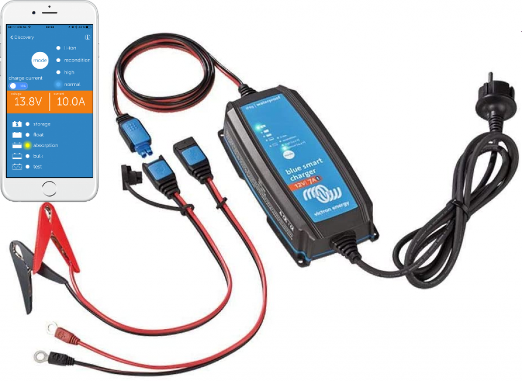 An example of a smart charger from Victron Energy, with built-in Bluetooth so you can remotely check the status of the battery.