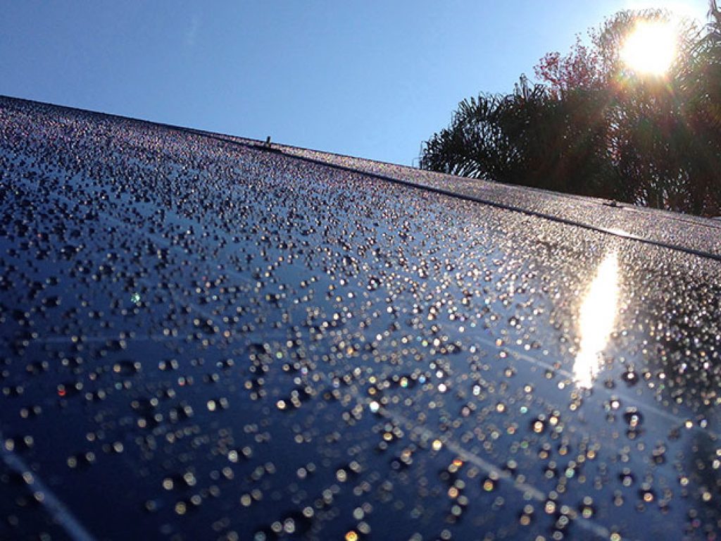 Solar panels that have been rained on.