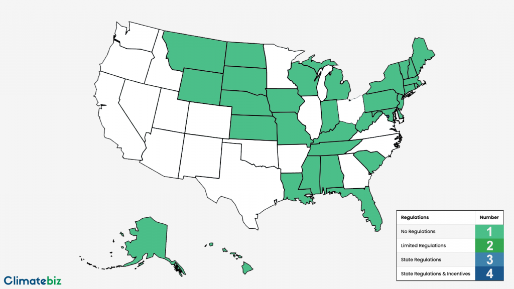 This image displays all level 1 states. There are no regulations for rainwater collection in these states — is it legal to collect rainwater?