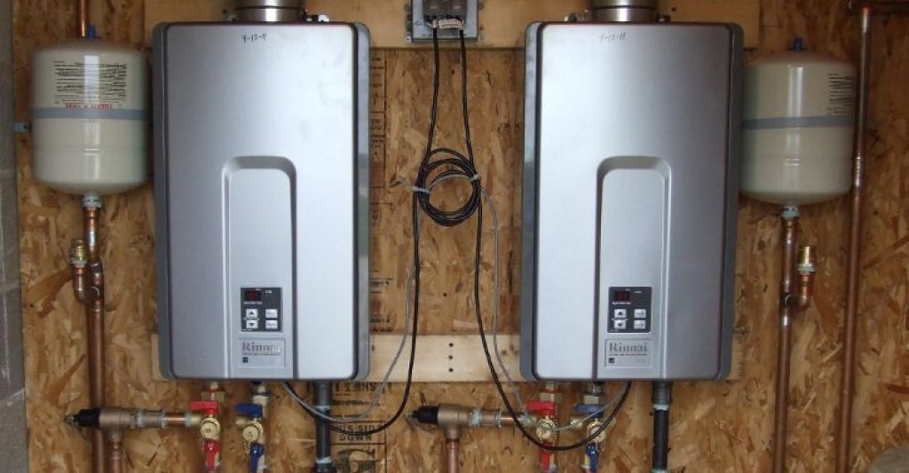 Tankless water heaters in parallel series.
