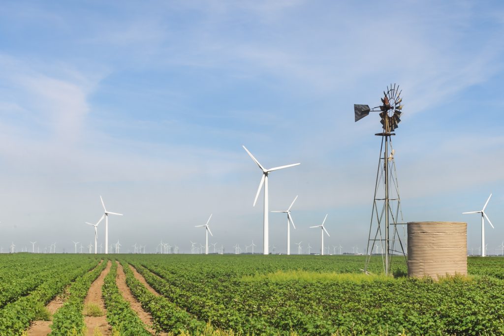 Commercial wind turbines for farms.