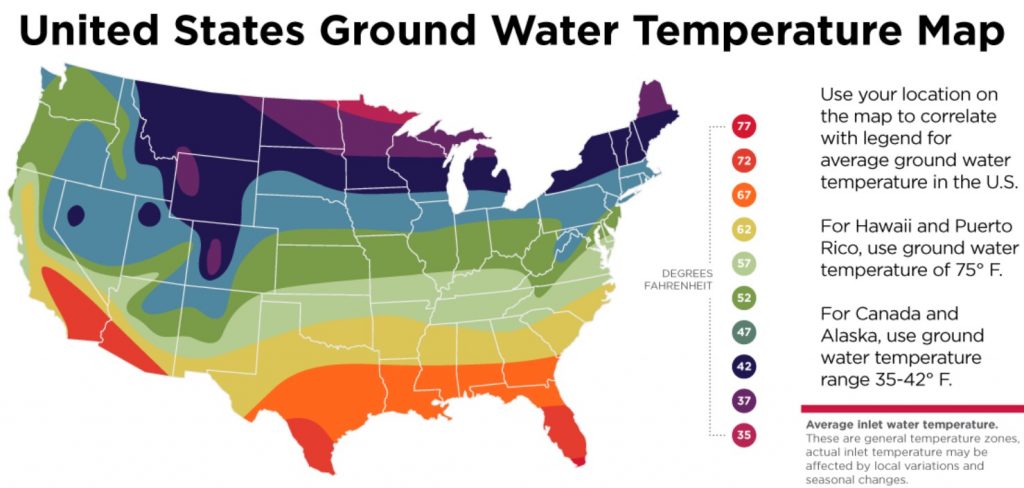 U.S. Ground Water Temperature Map — tankless water heater size. 