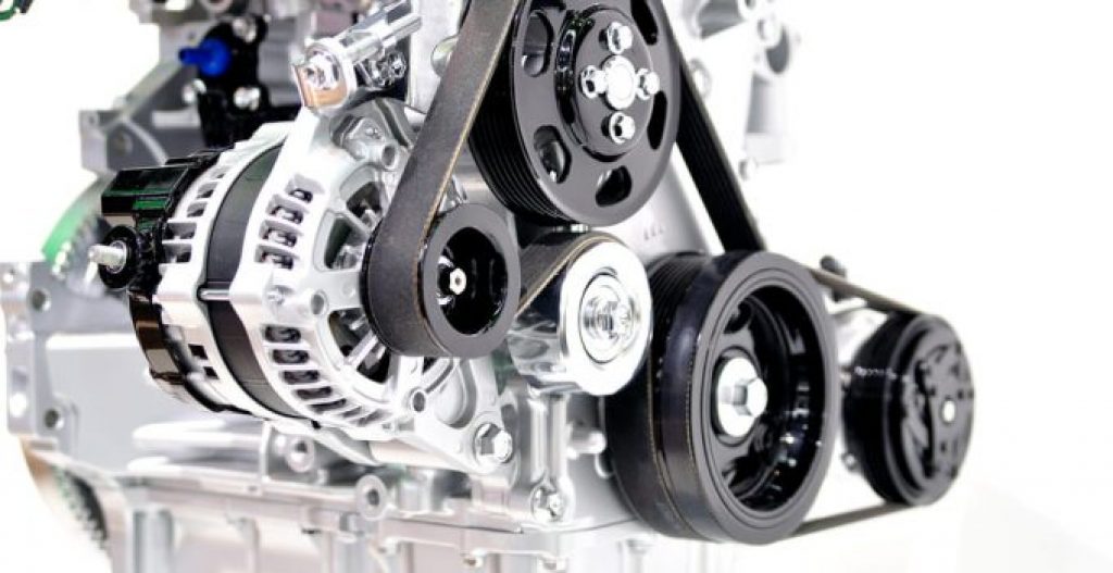 An example of a system where a drive belt connects the crankshaft from the engine to the alternator's pulley. 
