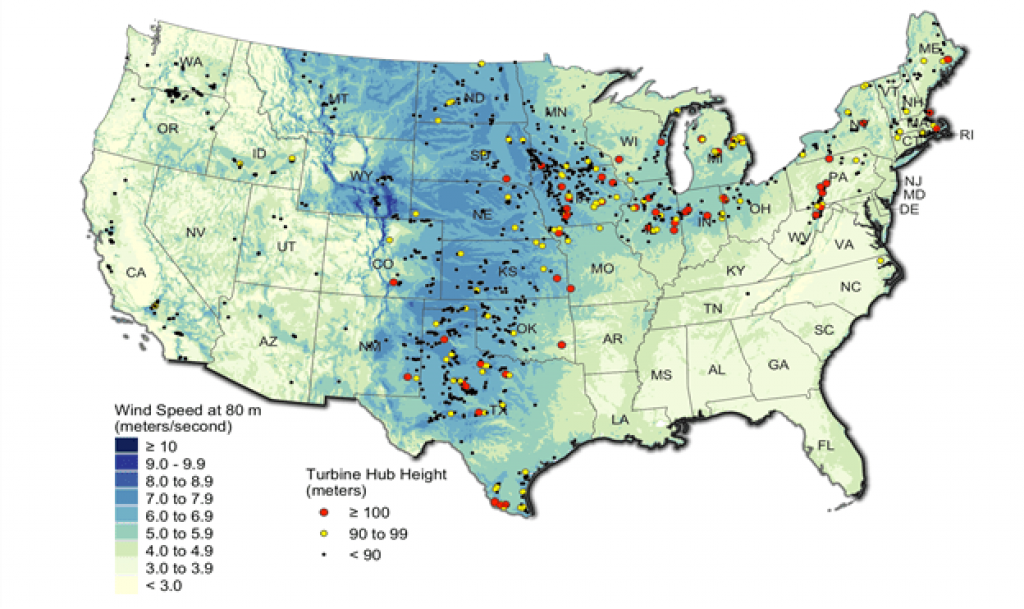 Different wind speeds across the United States of America — wind turbine height.