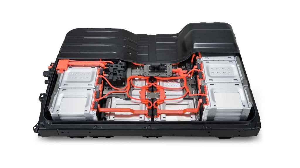 A Nissan Leaf battery in a battery tray. 