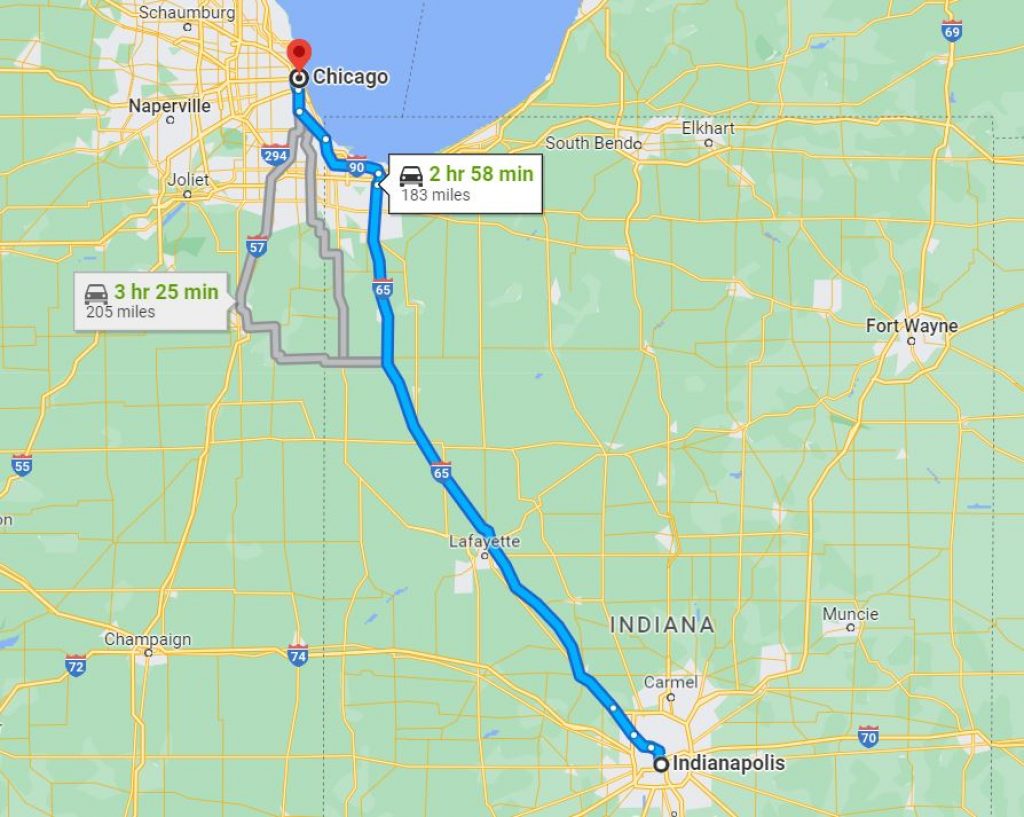 Distance between Indianapolis and Chicago. 