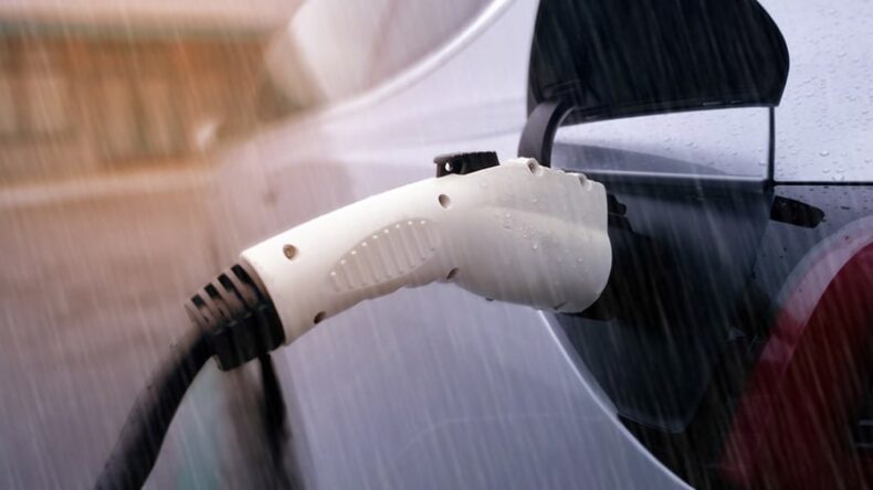 EV charging cable in the rain.