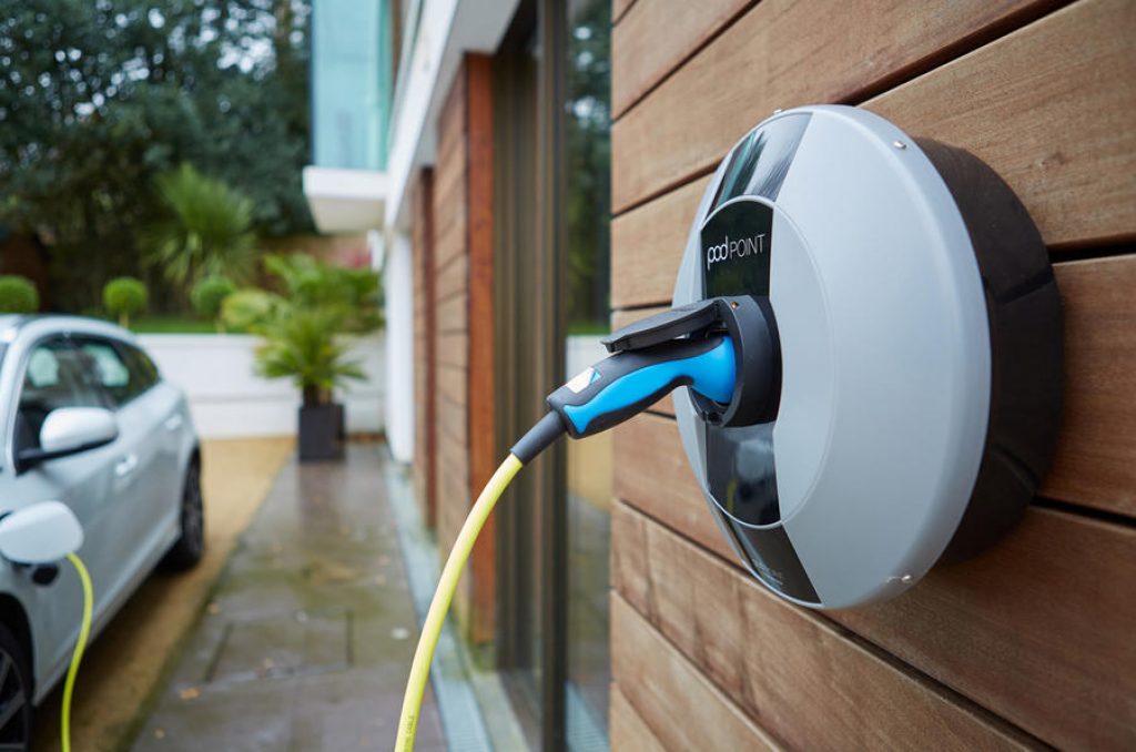 A home electric car charging point in the UK. 