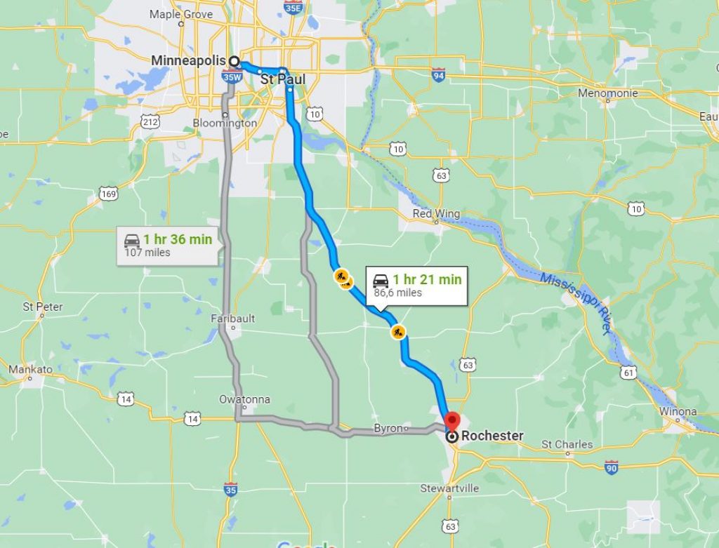 Distance between Minneapolis and Rochester, Minnesota — Nissan Leaf's range.