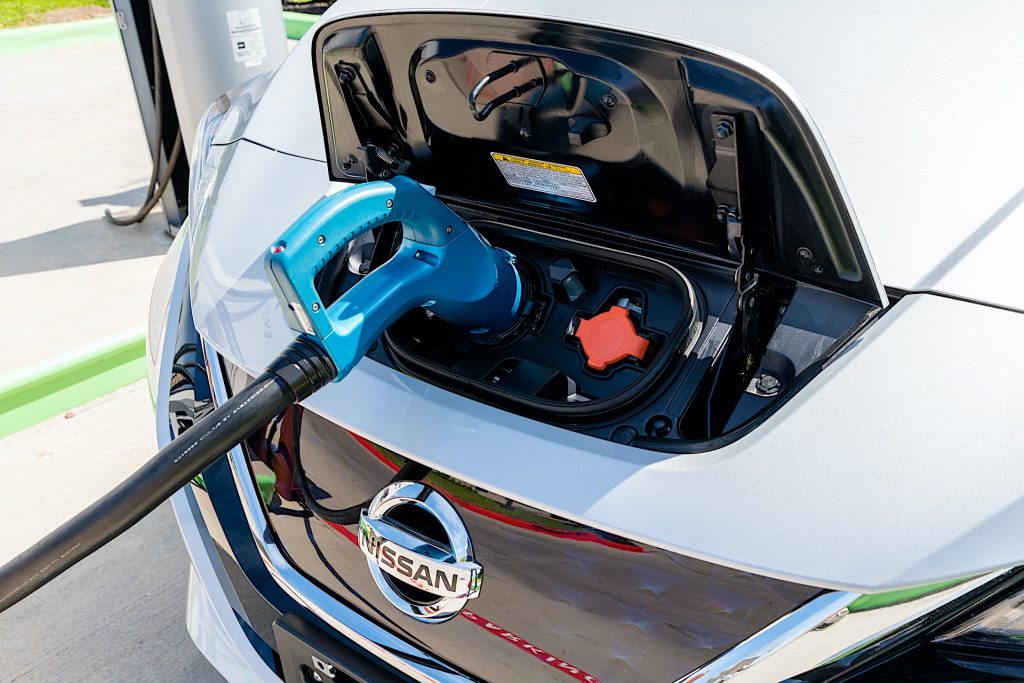 A Nissan Leaf being charged. 