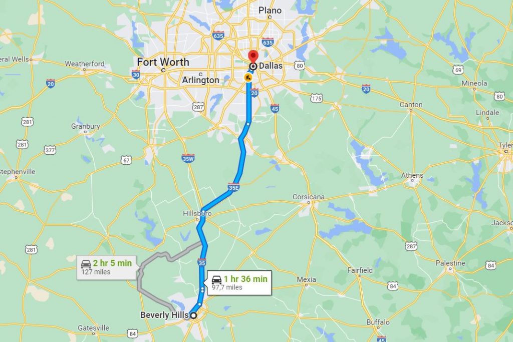 Distance between Dallas and Beverley Hills, TX — Nissan Leaf's range.