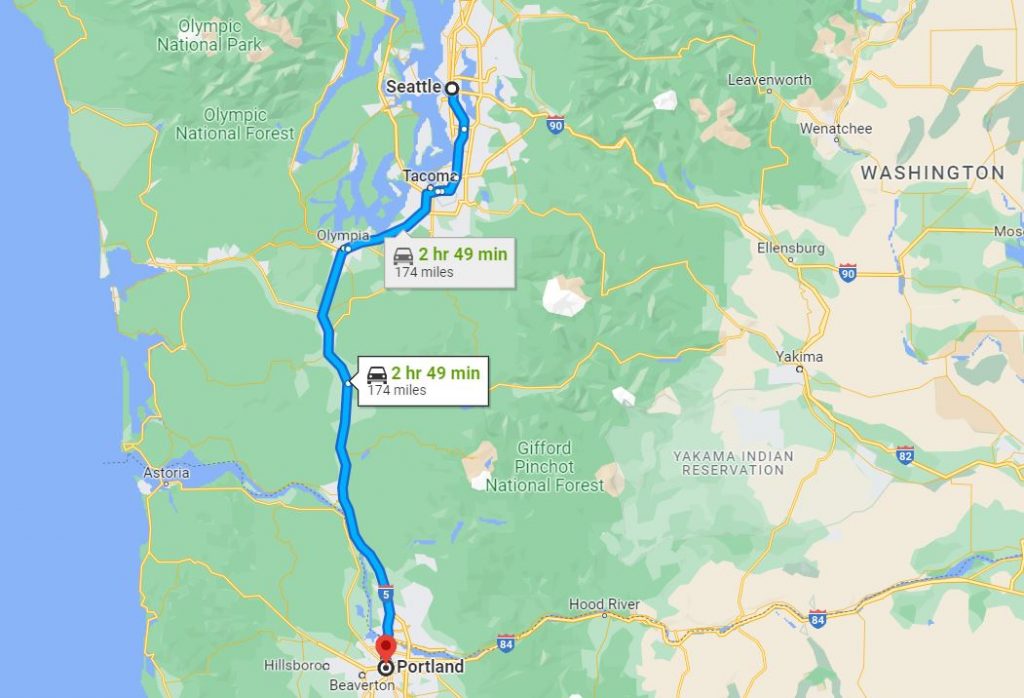 Distance between Portland and Seattle, Washington State — Nissan Leaf's range.