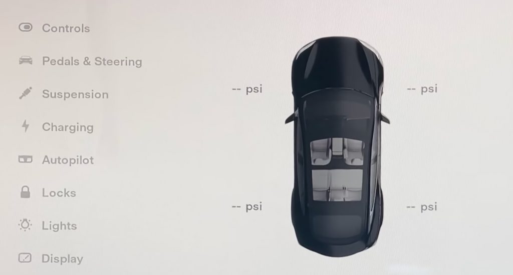 Visualization menu and tire pressure for Model 3.