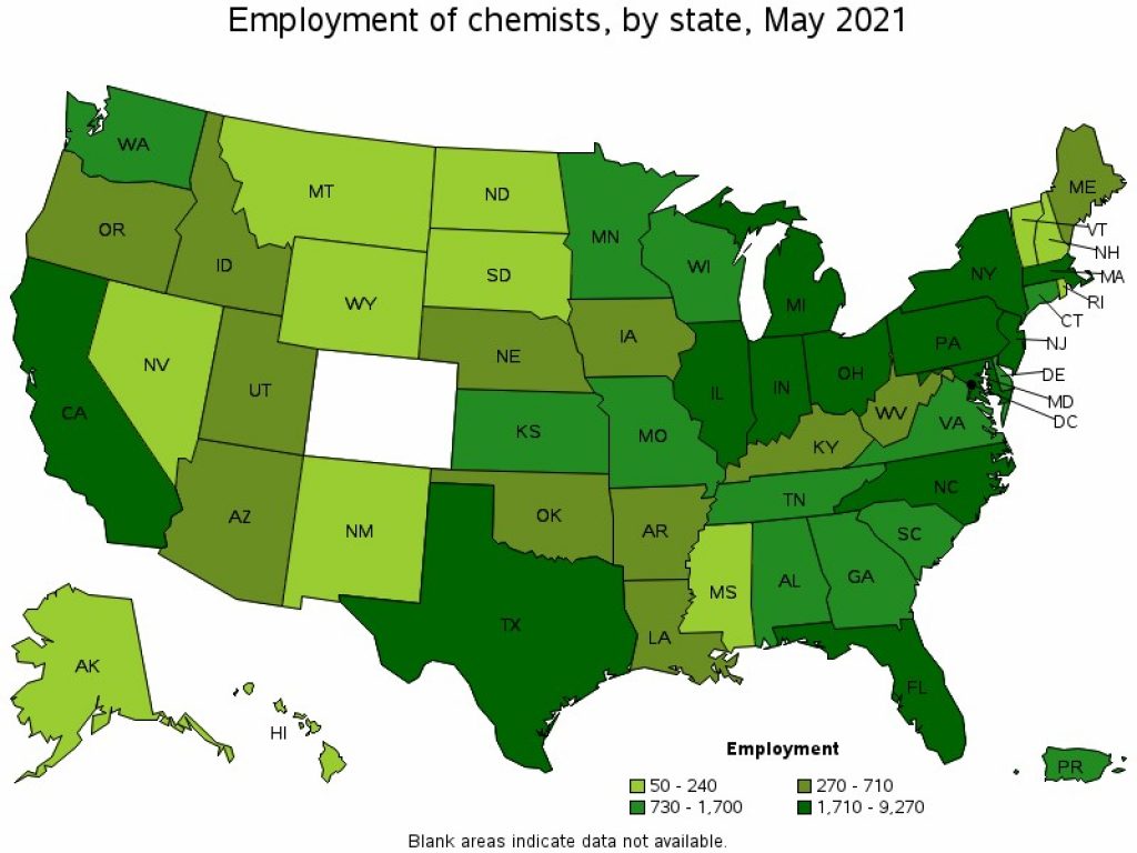 Employement of chemists, by state, May 2021
