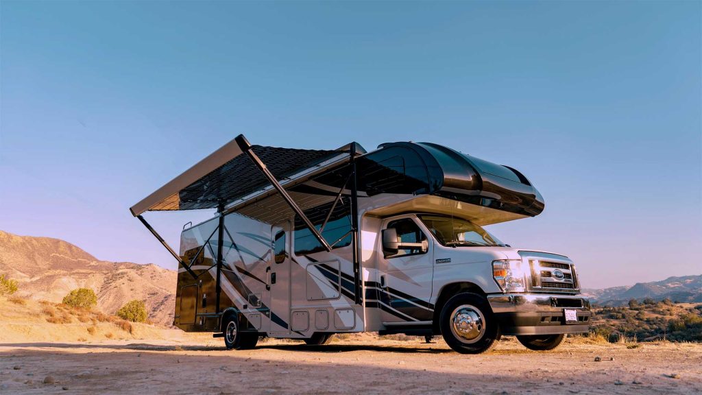 RV with retractable awning.
