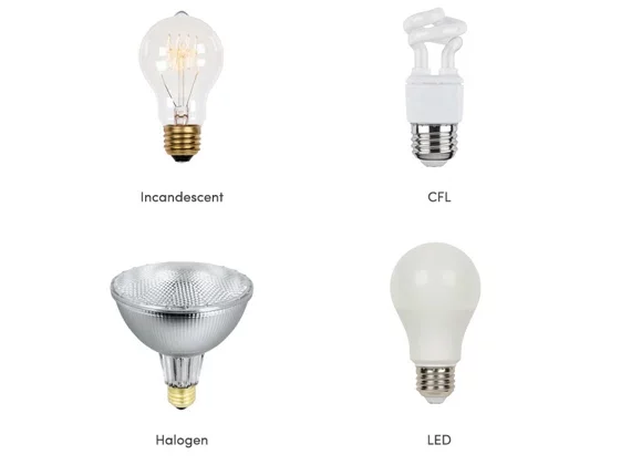 Main light bulb types: incandescent, halogen, CFL, and LED. LED is the most power-efficient type.