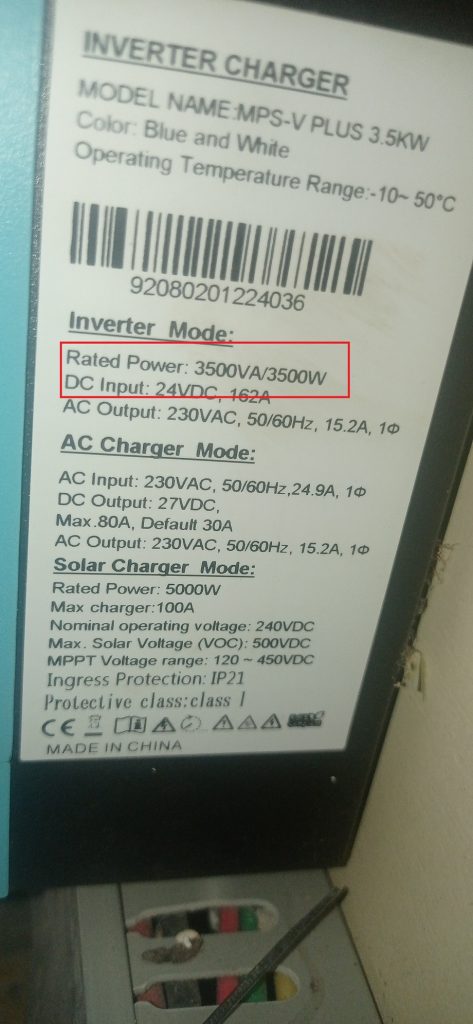 Specs of my 3.5kW inverter — rated up to 3500VA.