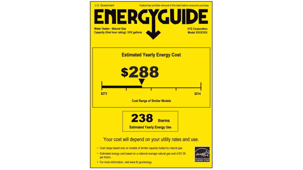 An EnergyGuide label that you might find on a natural gas water heater — how to save electricity.