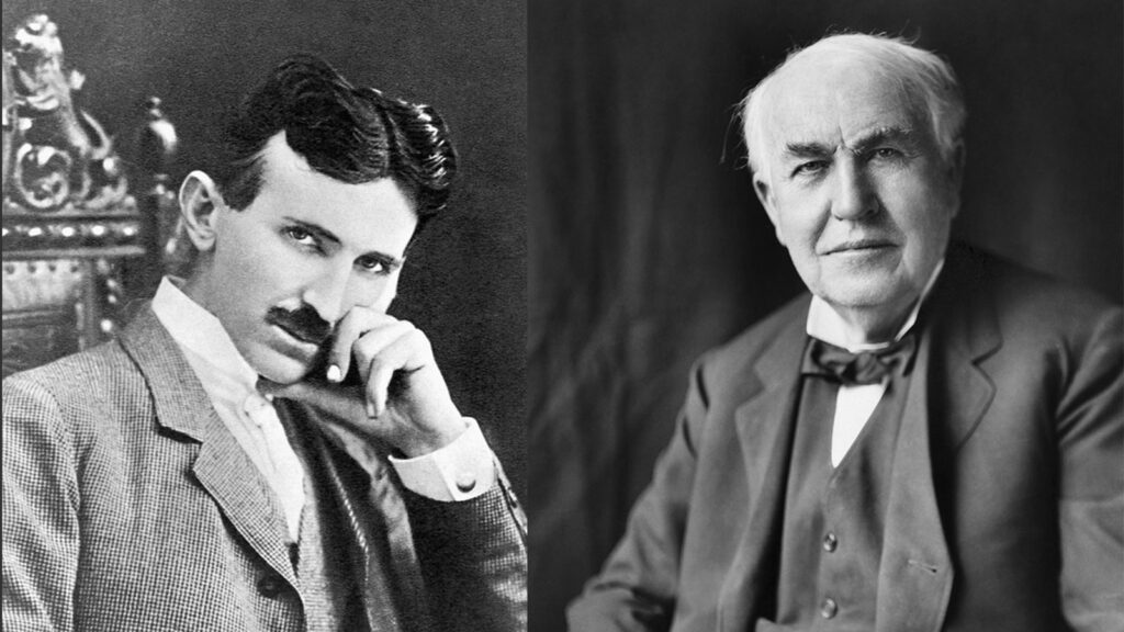 Nikola Tesla (left) vs. Thomas Edison (right).