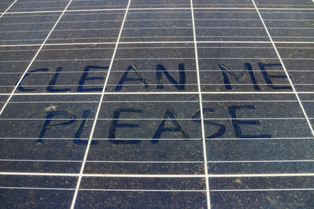 A dirty solar panel that needs to be cleaned so that it can operate efficiently.